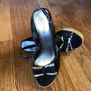 Washed Black Denim Wedge Sandals by Guess